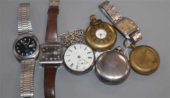 Three pocket watches including silver, a military compass and three wrist watches including Cyma.